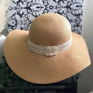 Tan cream wide brim summer sun beach fedora bucket hat cap lace bow #cottagecore